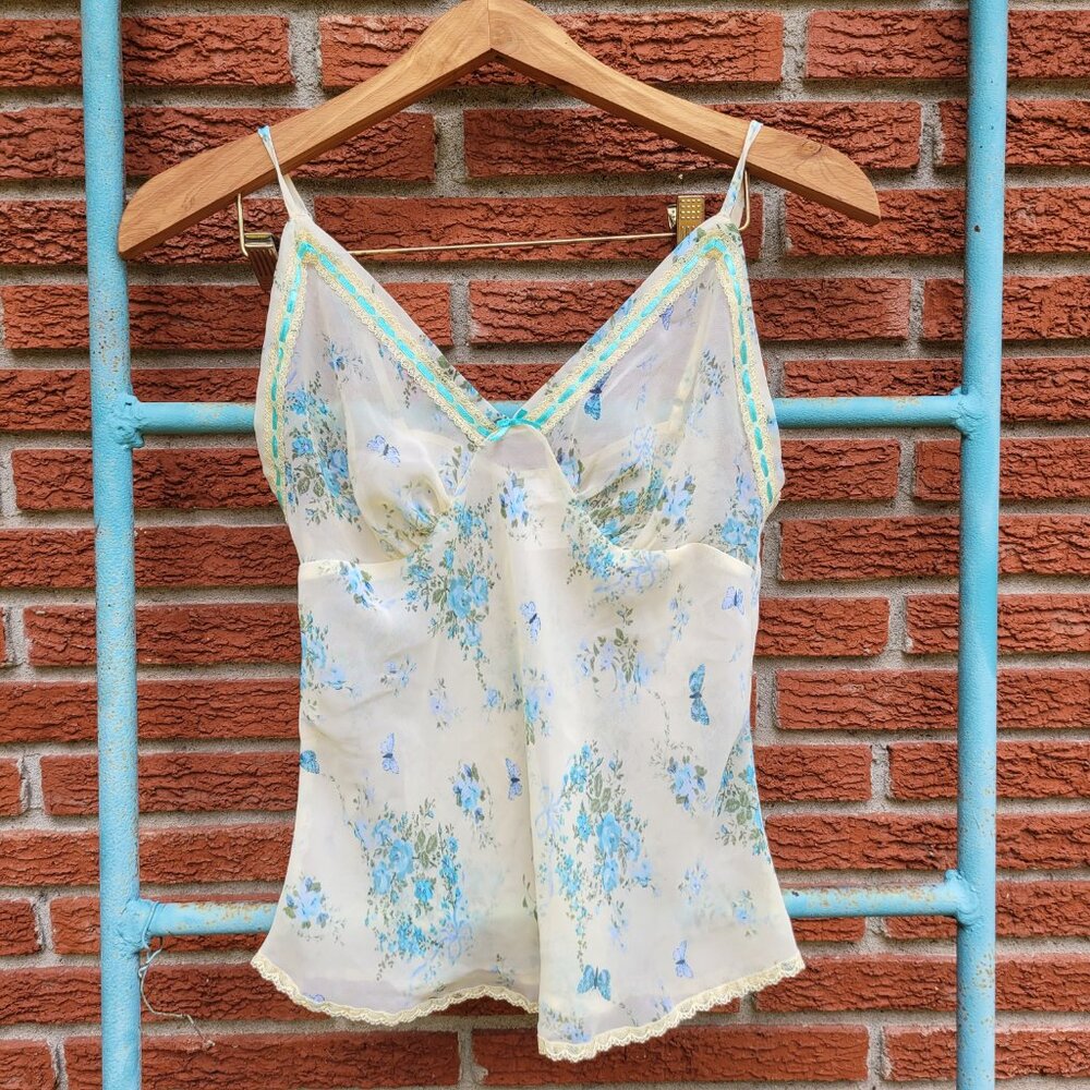 Vintage Y2K Sheer Yellow and Blue Floral Camisole Top Size Medium